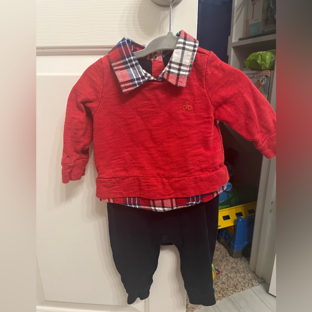 Red baby gap onesie with flannel and sweater